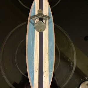 Wooden Surfboard bottle opener with Blue & White Stripes